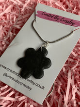 Load image into Gallery viewer, Dark Grey Flower Clay Earrings and Necklace