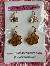 Load image into Gallery viewer, Honeycomb Mini Bee Earring Duo