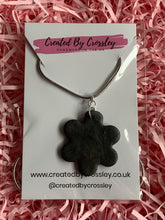 Load image into Gallery viewer, Dark Grey Flower Clay Earrings and Necklace
