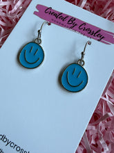 Load image into Gallery viewer, Blue Happy Face Charm Earrings
