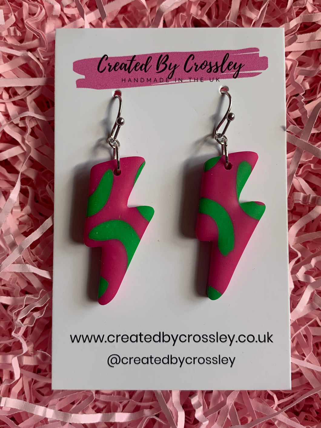 Pink Green Lightning Bolt Clay Earrings