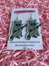 Load image into Gallery viewer, Guitar Raccoon Charm Earrings
