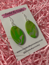 Load image into Gallery viewer, Green and Lilac Oval Clay Earrings
