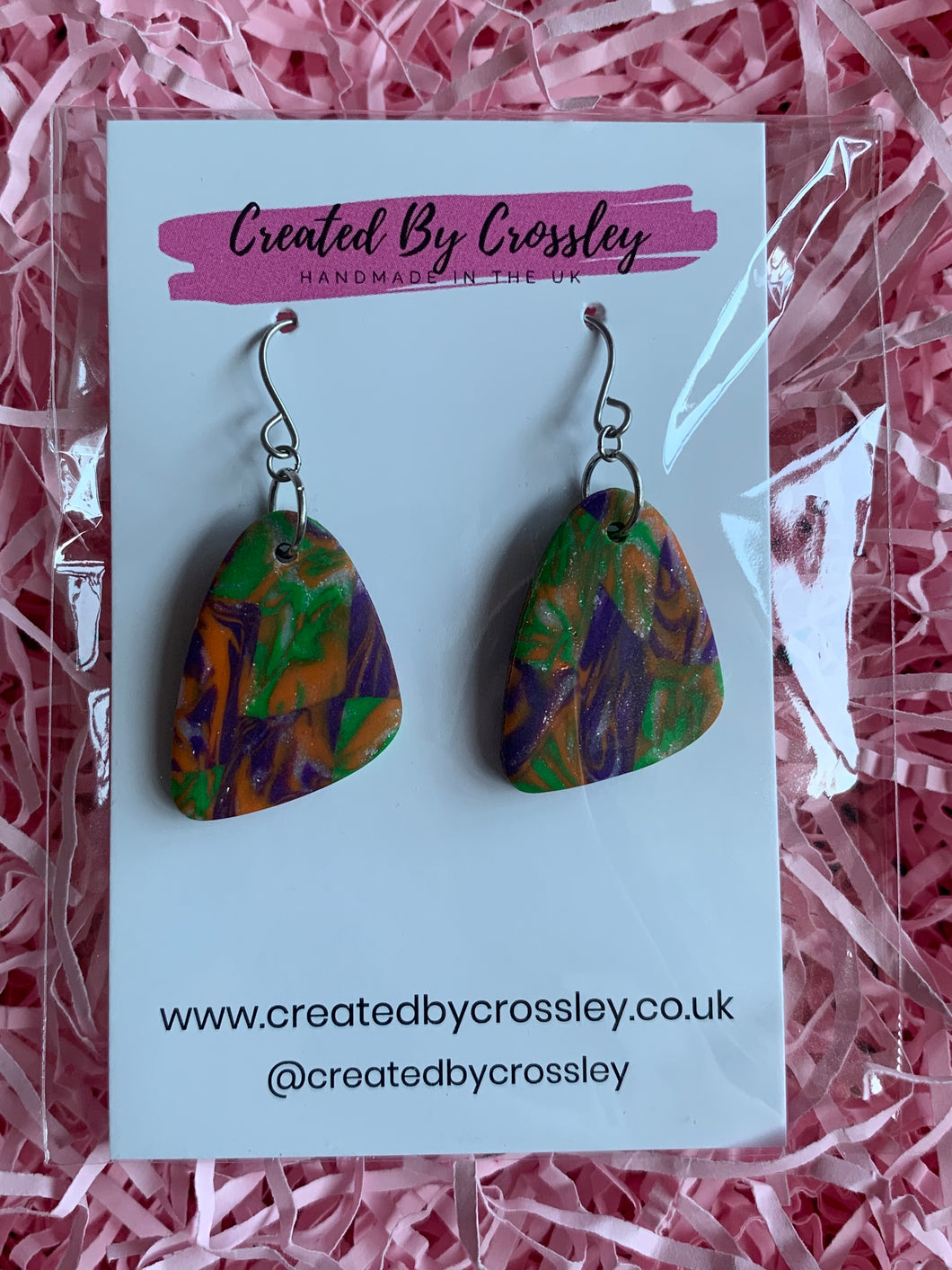 Green Purple Pattern Clay Earrings