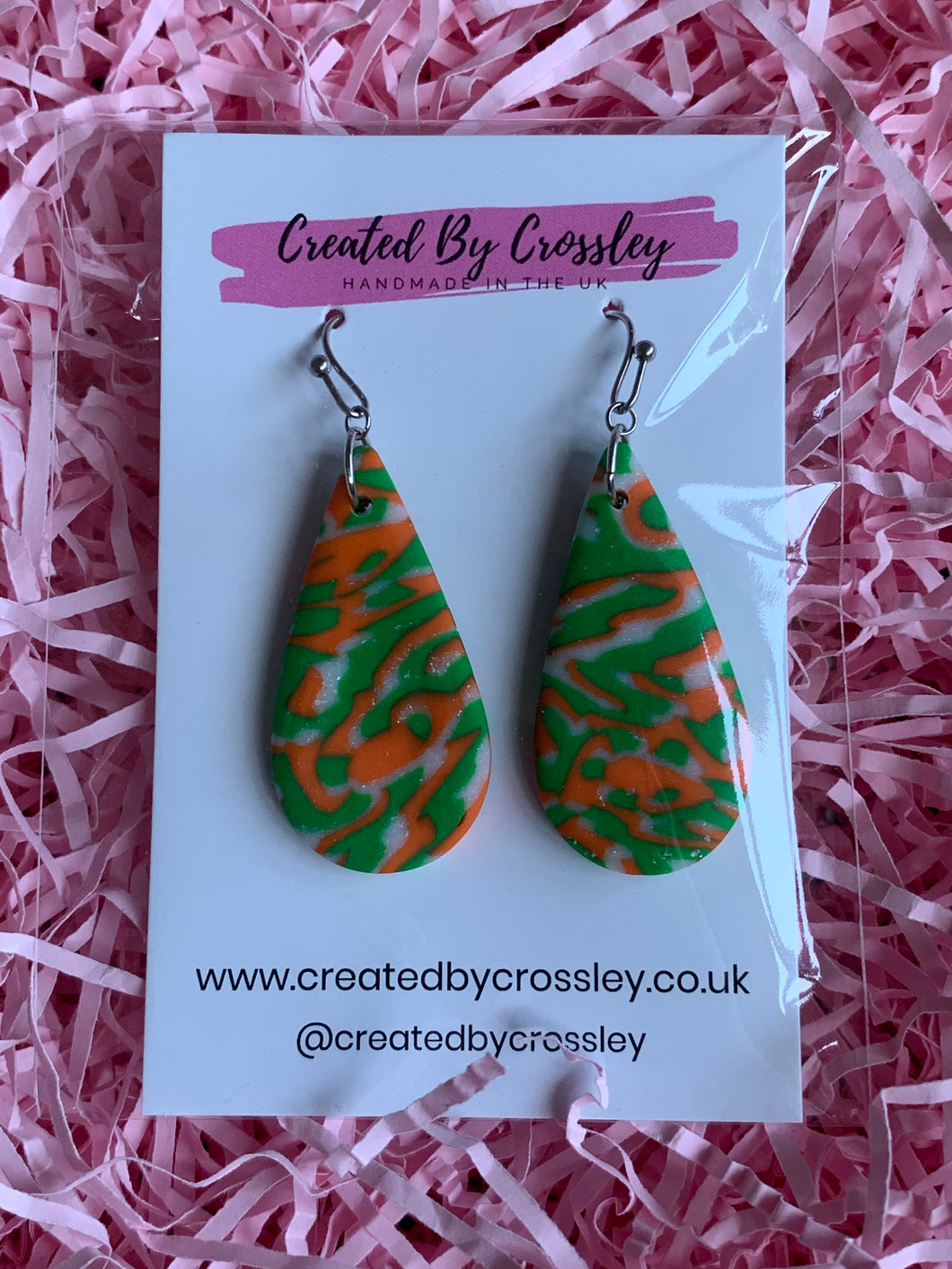 Green Pattern Teardrop Clay Earrings