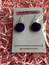 Load image into Gallery viewer, Purple Smiley Face Clay Earrings
