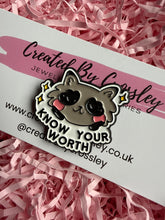 Load image into Gallery viewer, “Know Your Worth” Raccoon Pin Badge
