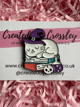 Load image into Gallery viewer, Witch Book Cat Pin Badge
