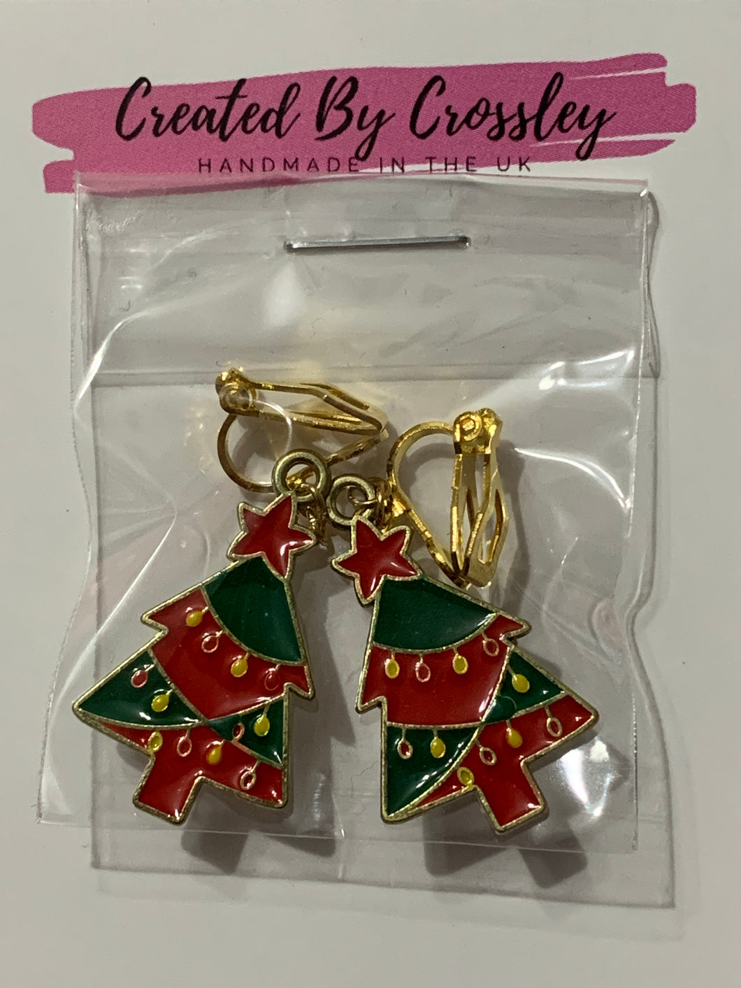 Red Green Christmas Tree Clip On Earrings