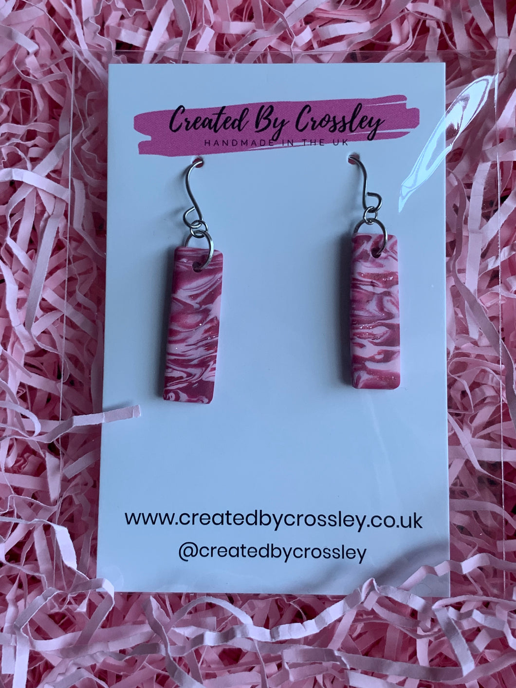 Pink Patterned Rectangle Clay Earrings