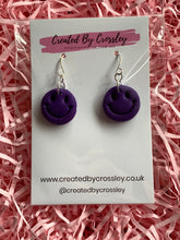 Load image into Gallery viewer, Purple Smiley Face Clay Earrings
