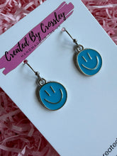 Load image into Gallery viewer, Blue Happy Face Charm Earrings
