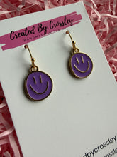 Load image into Gallery viewer, Purple Happy Face Charm Earrings
