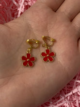 Load image into Gallery viewer, Red Flower Charm Clip On Earrings
