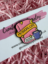 Load image into Gallery viewer, “My Social Life” Book Tea Pin Badge

