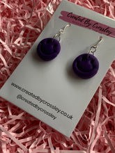 Load image into Gallery viewer, Purple Smiley Face Clay Earrings
