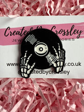 Load image into Gallery viewer, Skeleton Record Player Pin Badge
