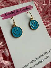 Load image into Gallery viewer, Blue Happy Face Charm Earrings
