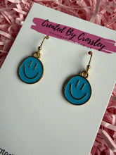 Load image into Gallery viewer, Blue Happy Face Charm Earrings

