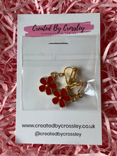 Load image into Gallery viewer, Red Flower Charm Clip On Earrings
