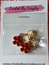 Load image into Gallery viewer, Red Flower Charm Clip On Earrings
