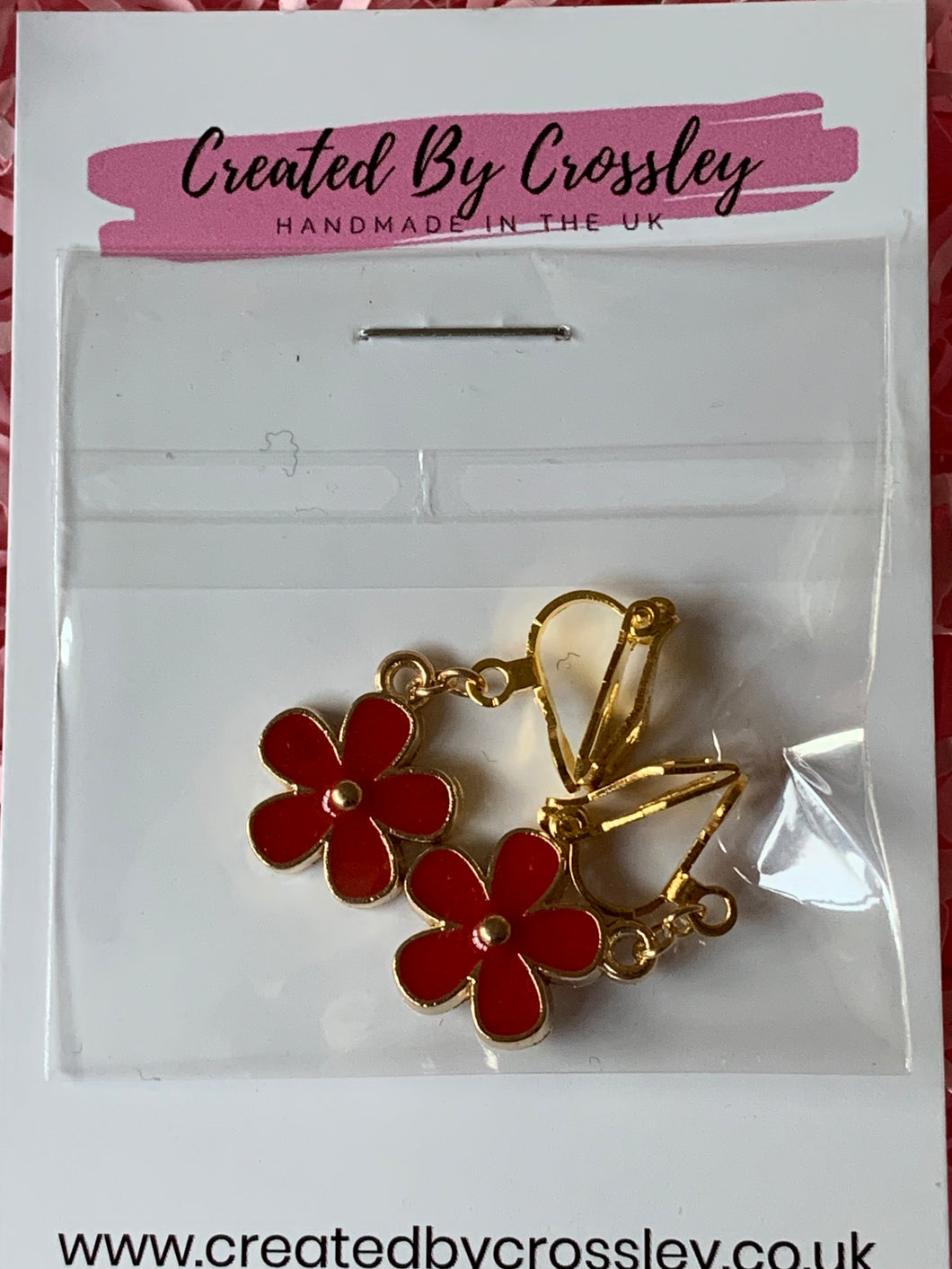 Red Flower Charm Clip On Earrings