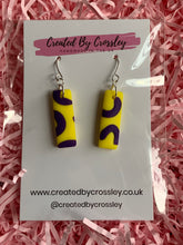 Load image into Gallery viewer, Yellow Purple Rectangle Clay Earrings
