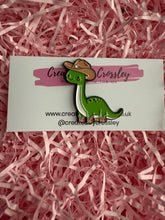 Load image into Gallery viewer, Cowboy Dinosaur Pin Badge
