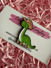 Load image into Gallery viewer, Cowboy Dinosaur Pin Badge
