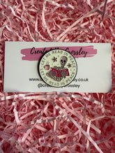 Load image into Gallery viewer, “Let me read in peace” Reading Skeleton Pin Badge
