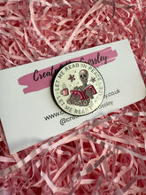 Load image into Gallery viewer, “Let me read in peace” Reading Skeleton Pin Badge
