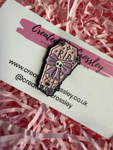 Load image into Gallery viewer, Pink Coffin “RIP” Pin Badge
