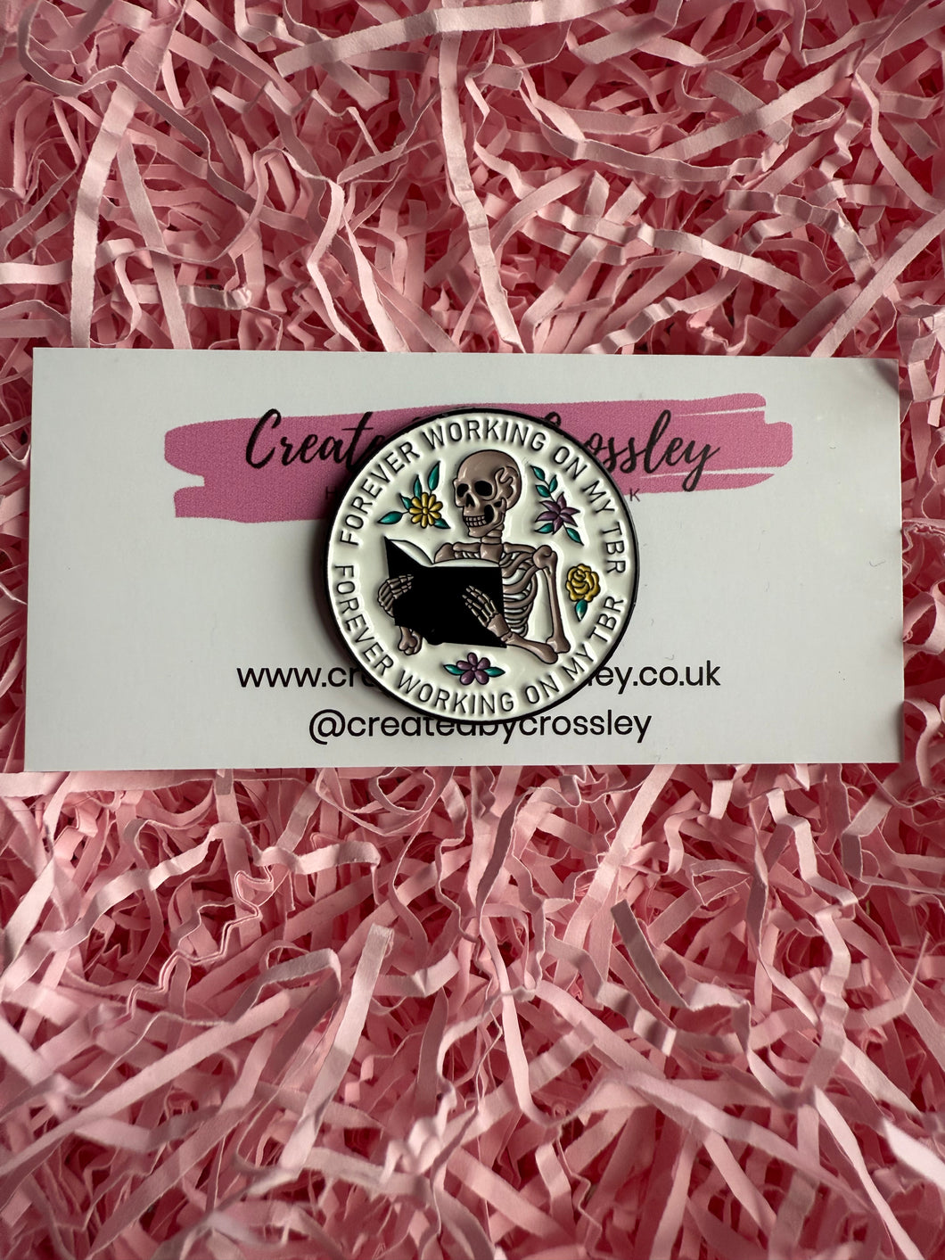 “Forever working on my TBR” Reading Skeleton Pin Badge
