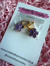 Load image into Gallery viewer, Purple Flower Charm Clip On Earrings
