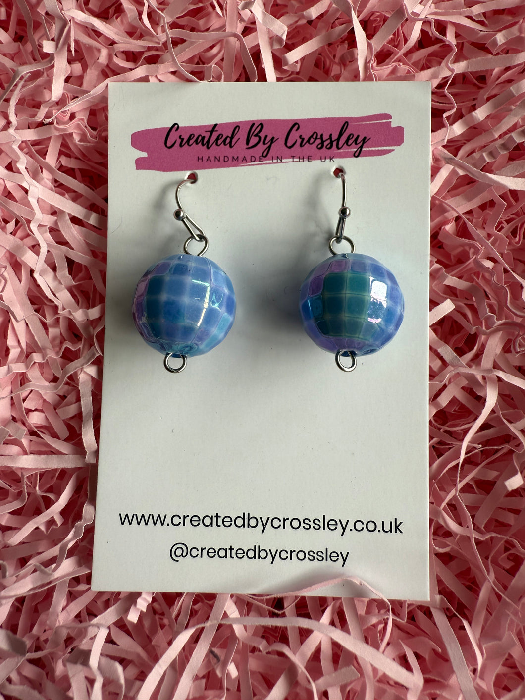 Blue Disco Ball Charm Earrings