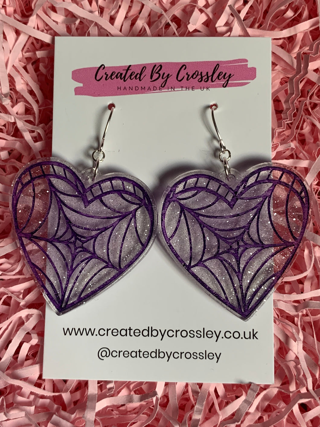 Purple Spiderweb Heart Resin Earrings