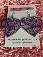 Load image into Gallery viewer, Purple Spiderweb Heart Resin Earrings
