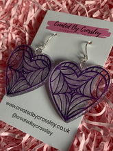 Load image into Gallery viewer, Purple Spiderweb Heart Resin Earrings
