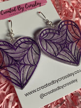 Load image into Gallery viewer, Purple Spiderweb Heart Resin Earrings
