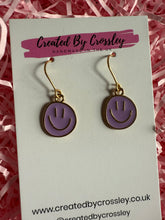 Load image into Gallery viewer, Purple Happy Face Charm Earrings
