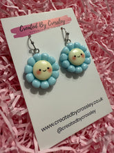 Load image into Gallery viewer, Blue Happy Flower Charm Earrings
