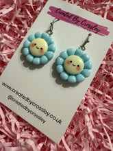 Load image into Gallery viewer, Blue Happy Flower Charm Earrings

