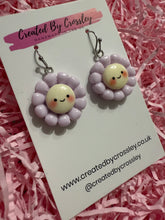 Load image into Gallery viewer, Purple Happy Flower Charm Earrings
