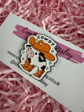 Load image into Gallery viewer, “Cowdy” Cowboy Cow Pin Badge
