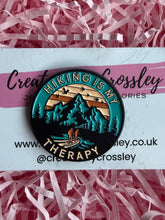 Load image into Gallery viewer, “Hiking is my therapy” Mountain Pin Badge
