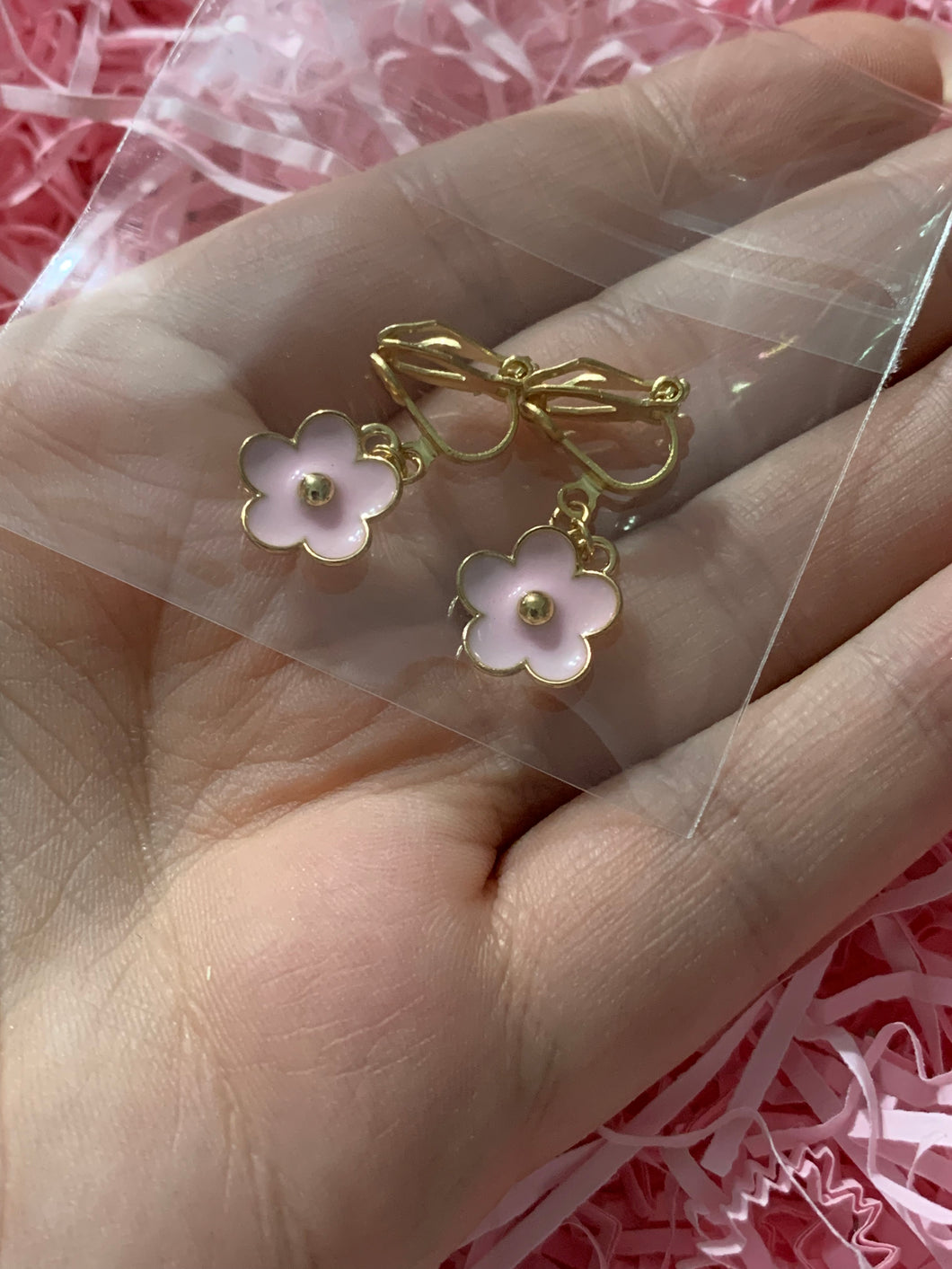 Small Pink Flower Clip On Earrings