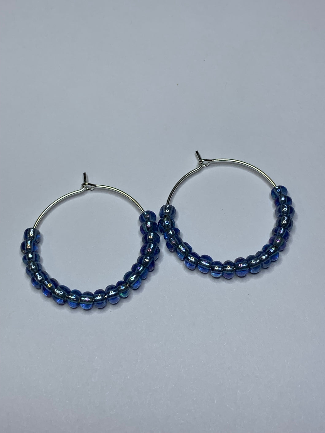 Mid Blue Beaded Hoop Earrings