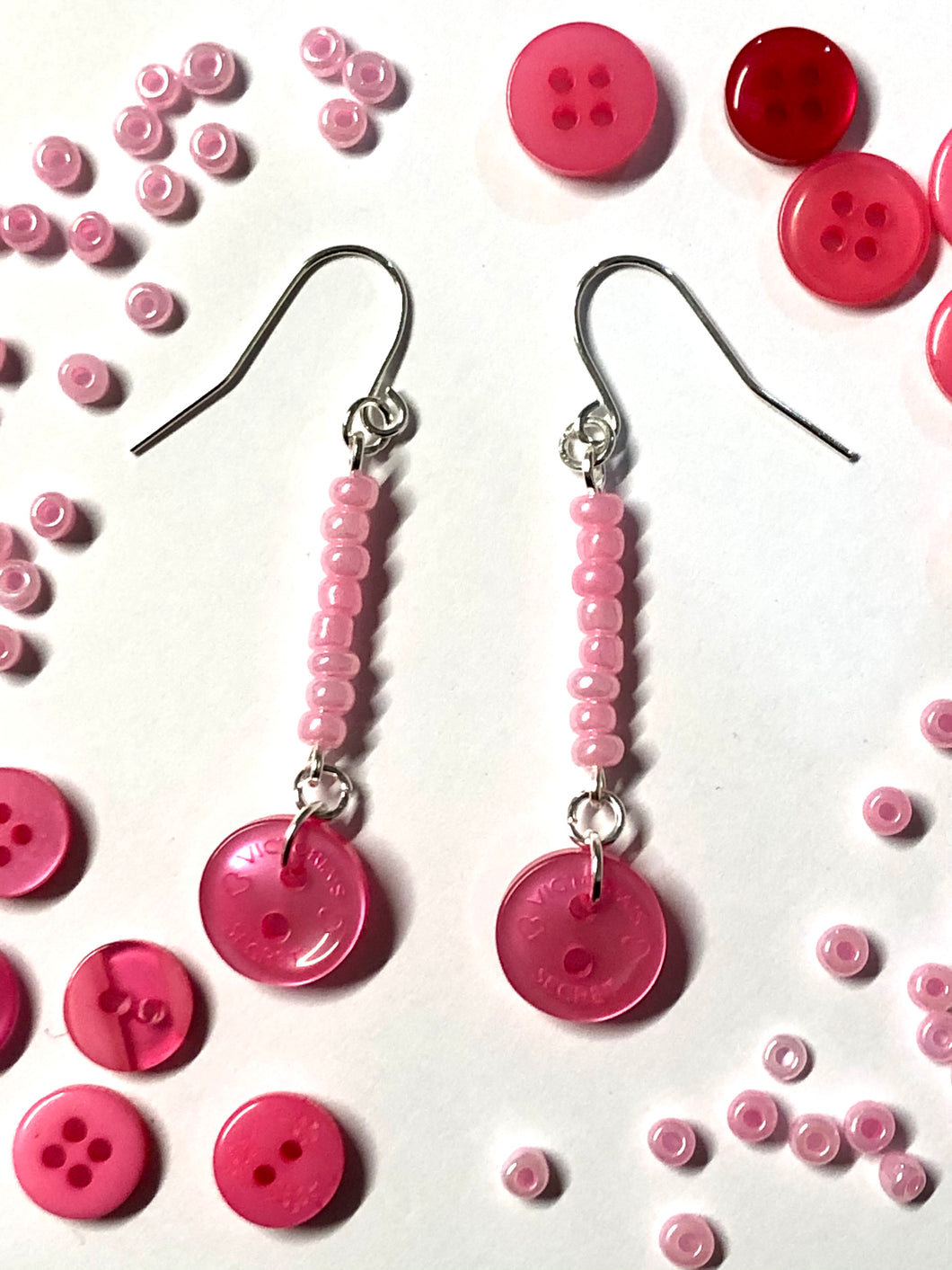 Pink Beaded Button Drop Earrings